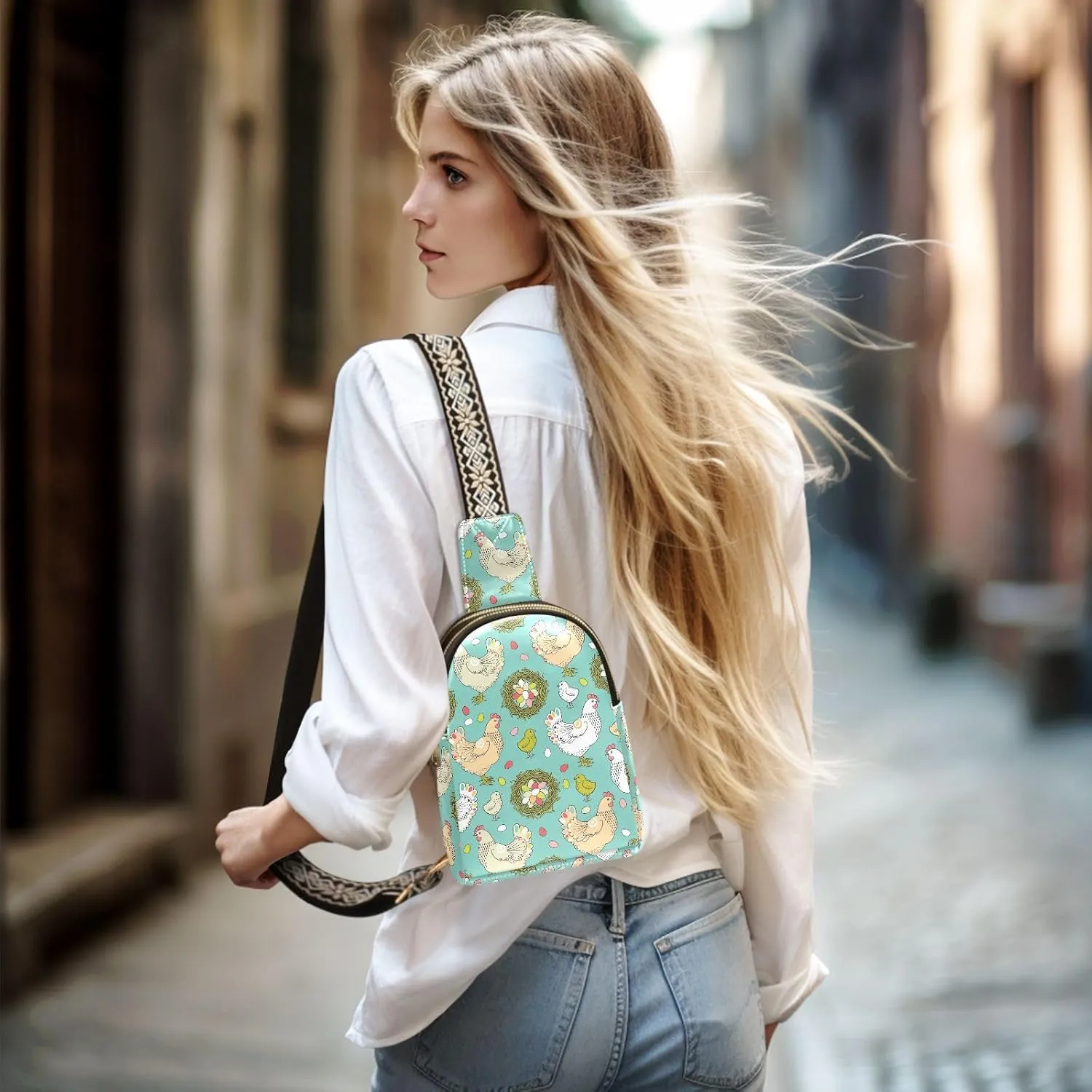 Easter Hen Pattern Trendy Crossbody Bag Fashion Waist Packs with Eggs Nest Cross Body Leather Chest Bag for Women Fanny Pack Travel Outdoor Crossbody Sling Bag