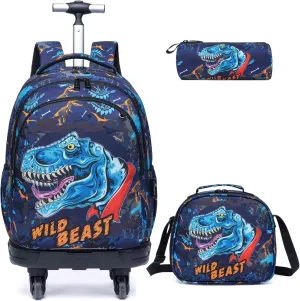 Egchescebo Kids Rolling Backpack for Boys Dinosaur Suitcases Trolley Roller Luggage Backpacks with 360° Rotating Wheels 15" Laptop Lunch Box Pencil Case for Elementary 18” Travel School Bag Blue