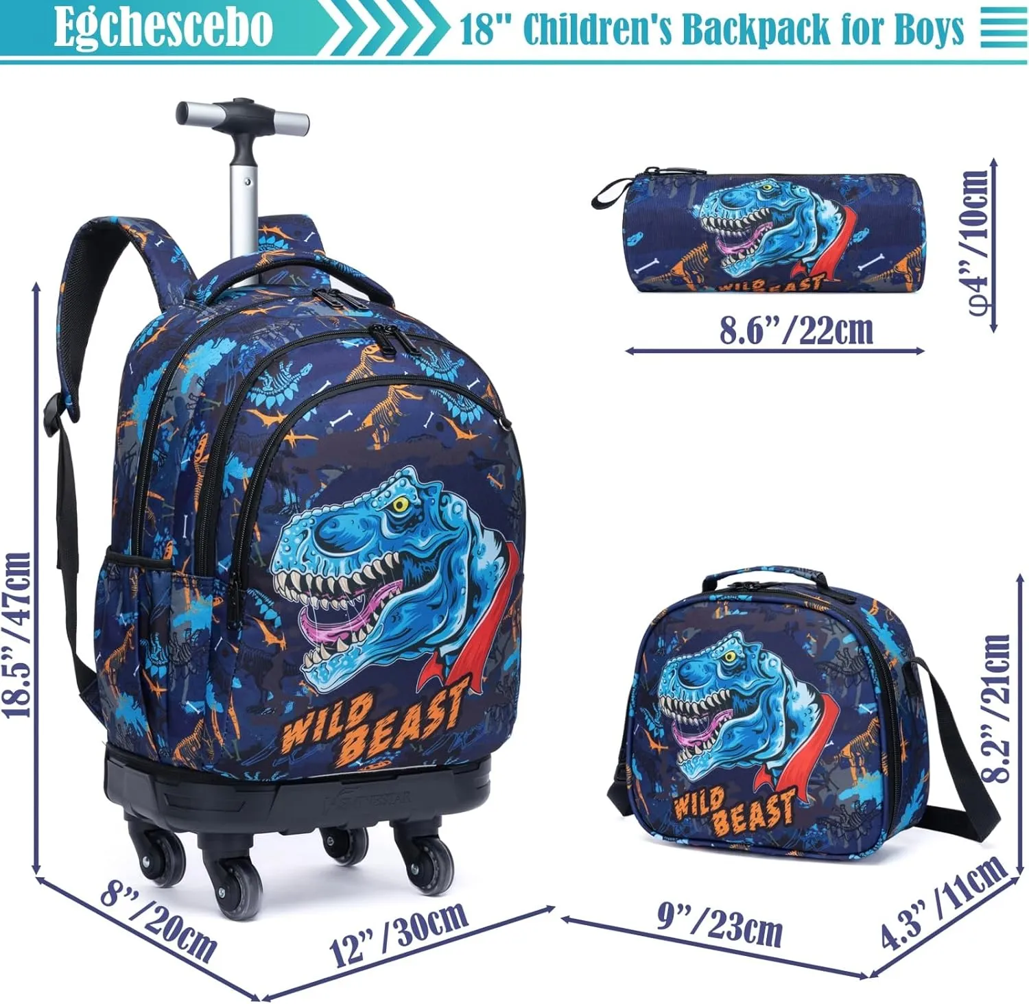 Egchescebo Kids Rolling Backpack for Boys Dinosaur Suitcases Trolley Roller Luggage Backpacks with 360° Rotating Wheels 15" Laptop Lunch Box Pencil Case for Elementary 18” Travel School Bag Blue