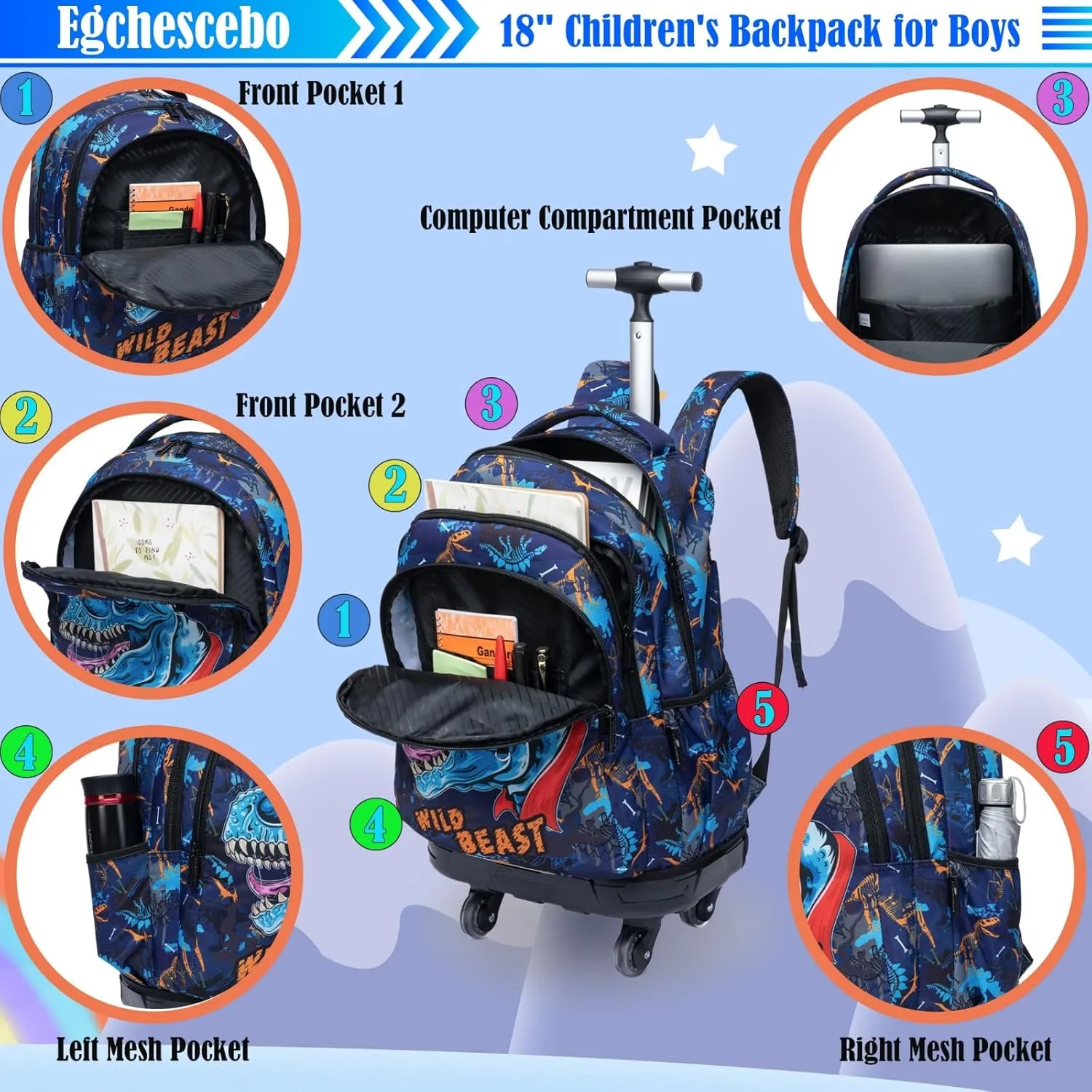 Egchescebo Kids Rolling Backpack for Boys Dinosaur Suitcases Trolley Roller Luggage Backpacks with 360° Rotating Wheels 15" Laptop Lunch Box Pencil Case for Elementary 18” Travel School Bag Blue