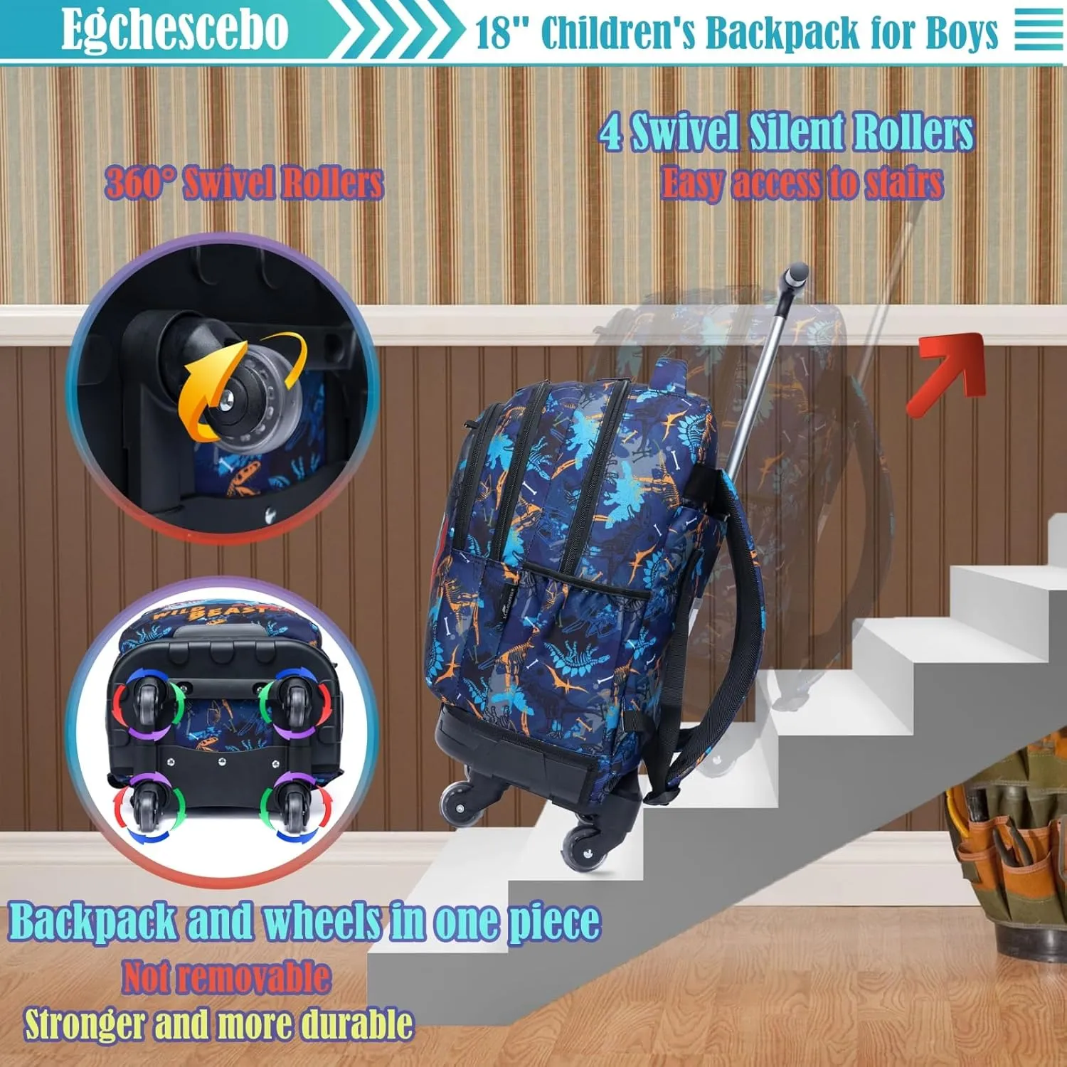 Egchescebo Kids Rolling Backpack for Boys Dinosaur Suitcases Trolley Roller Luggage Backpacks with 360° Rotating Wheels 15" Laptop Lunch Box Pencil Case for Elementary 18” Travel School Bag Blue