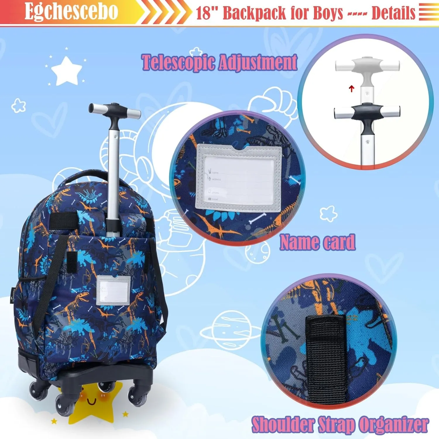 Egchescebo Kids Rolling Backpack for Boys Dinosaur Suitcases Trolley Roller Luggage Backpacks with 360° Rotating Wheels 15" Laptop Lunch Box Pencil Case for Elementary 18” Travel School Bag Blue