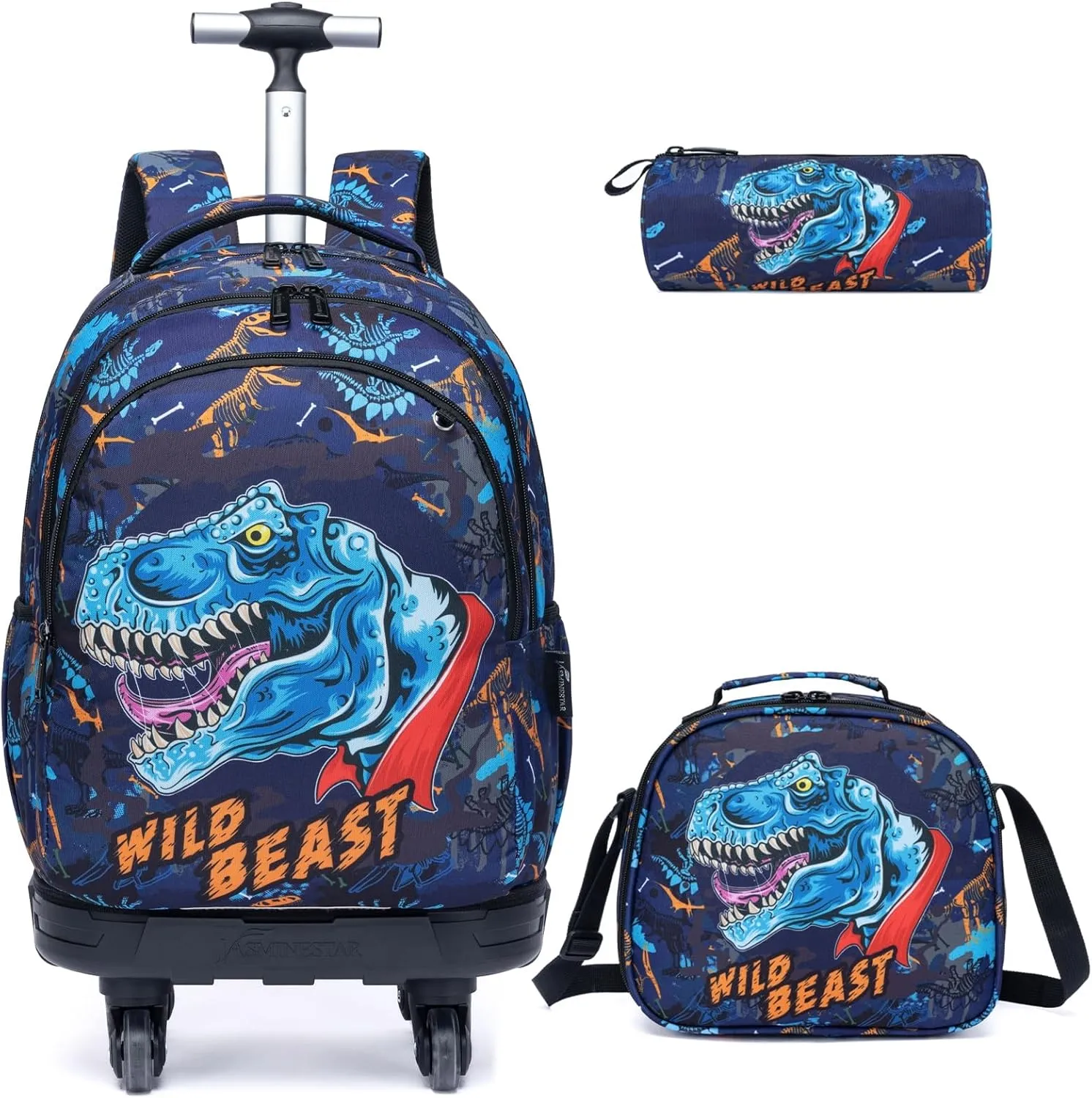 Egchescebo Kids Rolling Backpack for Boys Dinosaur Suitcases Trolley Roller Luggage Backpacks with 360° Rotating Wheels 15" Laptop Lunch Box Pencil Case for Elementary 18” Travel School Bag Blue