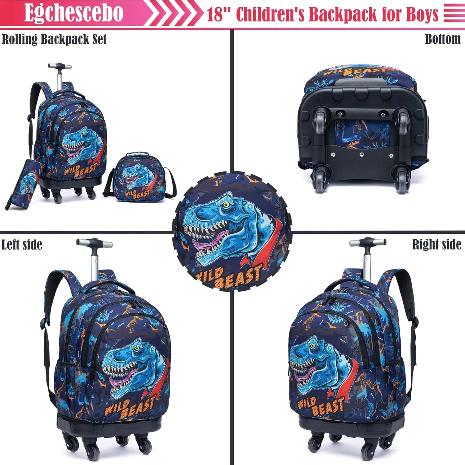 Egchescebo Kids Rolling Backpack for Boys Dinosaur Suitcases Trolley Roller Luggage Backpacks with 360° Rotating Wheels 15" Laptop Lunch Box Pencil Case for Elementary 18” Travel School Bag Blue