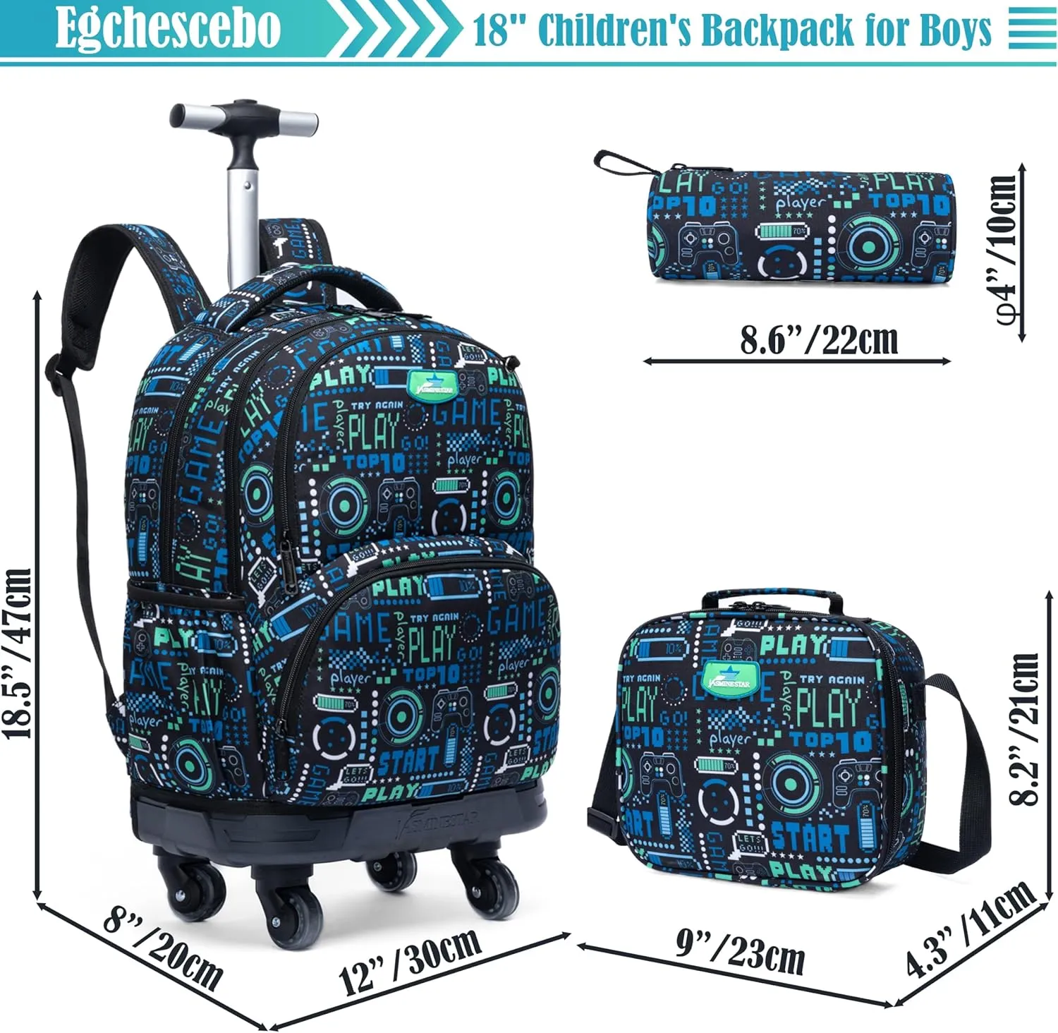 Egchescebo Kids Rolling Backpack for Boys Gamepad Suitcases Trolley Roller Luggage Backpacks with 360° Rotating Wheels 15" Laptop 3PCS Lunch Box Pencil Case for Elementary 18” Travel School Bag Blue