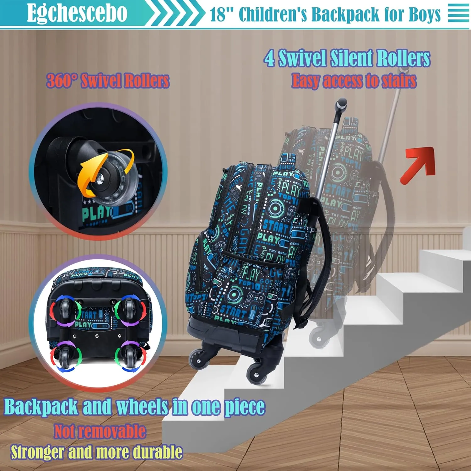 Egchescebo Kids Rolling Backpack for Boys Gamepad Suitcases Trolley Roller Luggage Backpacks with 360° Rotating Wheels 15" Laptop 3PCS Lunch Box Pencil Case for Elementary 18” Travel School Bag Blue