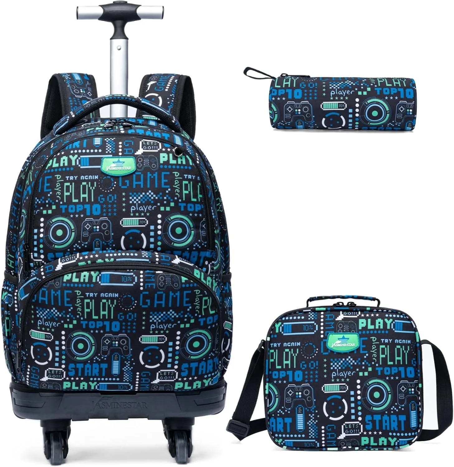 Egchescebo Kids Rolling Backpack for Boys Gamepad Suitcases Trolley Roller Luggage Backpacks with 360° Rotating Wheels 15" Laptop 3PCS Lunch Box Pencil Case for Elementary 18” Travel School Bag Blue