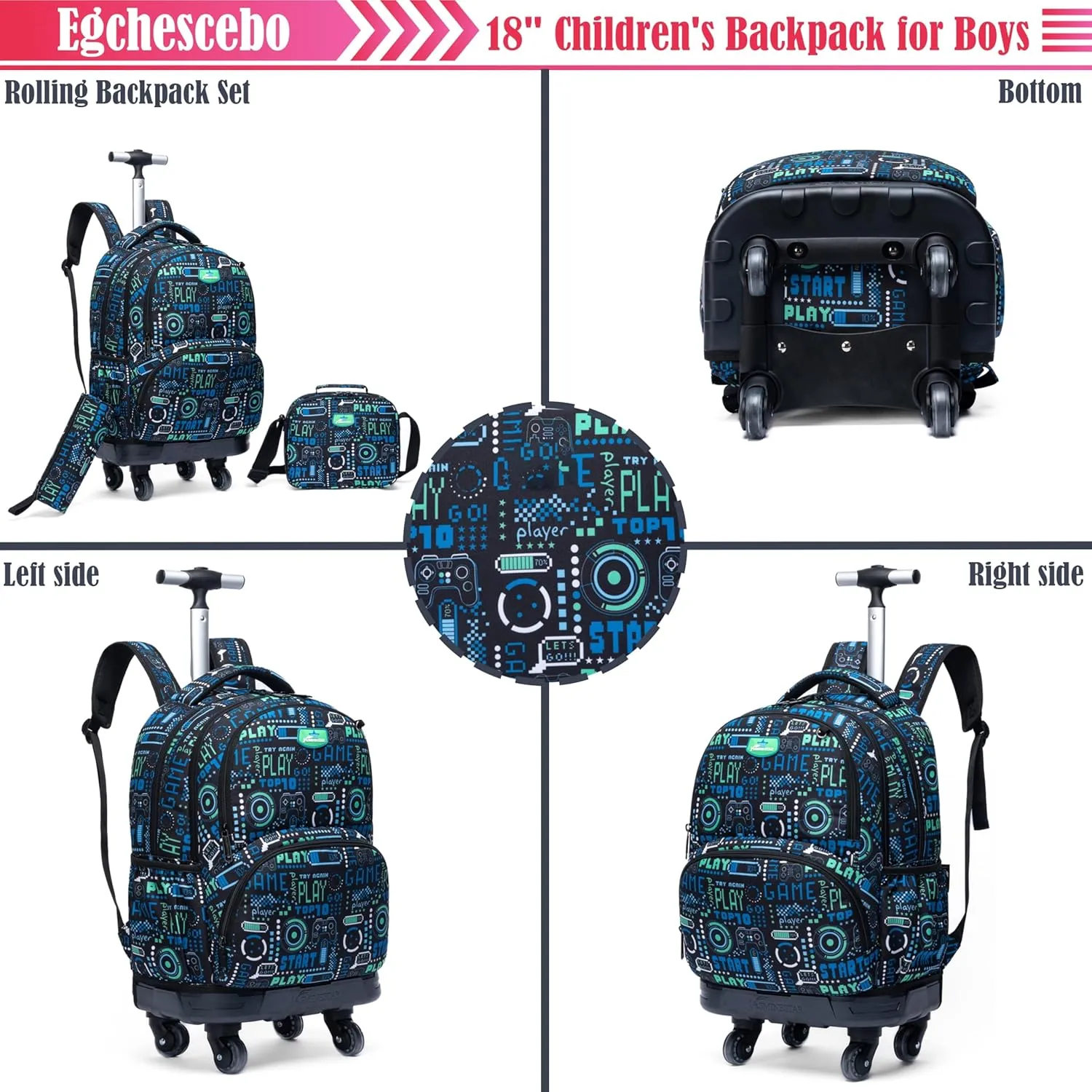 Egchescebo Kids Rolling Backpack for Boys Gamepad Suitcases Trolley Roller Luggage Backpacks with 360° Rotating Wheels 15" Laptop 3PCS Lunch Box Pencil Case for Elementary 18” Travel School Bag Blue