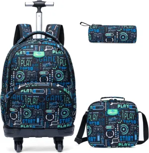 Egchescebo Kids Rolling Backpack for Boys Gamepad Suitcases Trolley Roller Luggage Backpacks with 360° Rotating Wheels 15" Laptop 3PCS Lunch Box Pencil Case for Elementary 18” Travel School Bag Blue