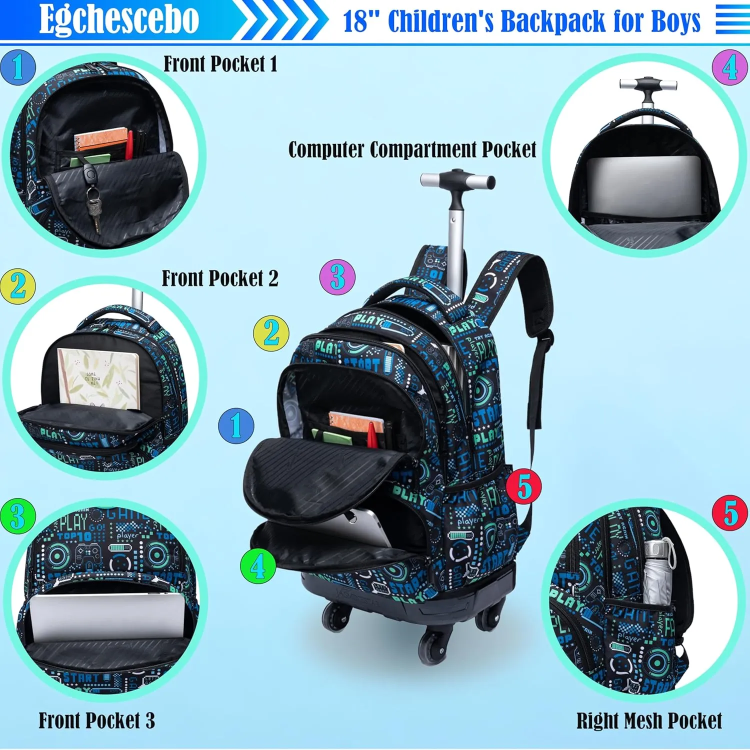 Egchescebo Kids Rolling Backpack for Boys Gamepad Suitcases Trolley Roller Luggage Backpacks with 360° Rotating Wheels 15" Laptop 3PCS Lunch Box Pencil Case for Elementary 18” Travel School Bag Blue