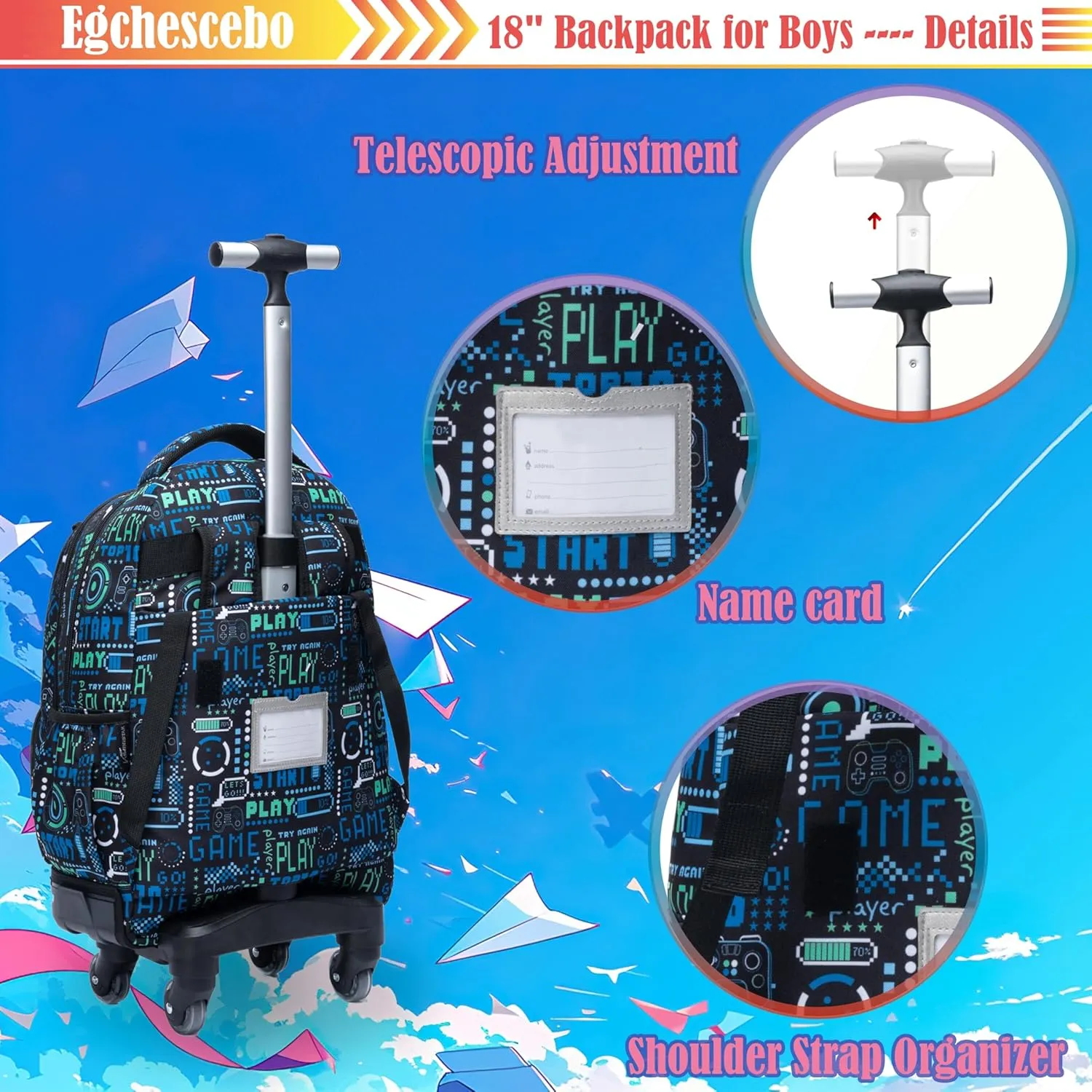 Egchescebo Kids Rolling Backpack for Boys Gamepad Suitcases Trolley Roller Luggage Backpacks with 360° Rotating Wheels 15" Laptop 3PCS Lunch Box Pencil Case for Elementary 18” Travel School Bag Blue