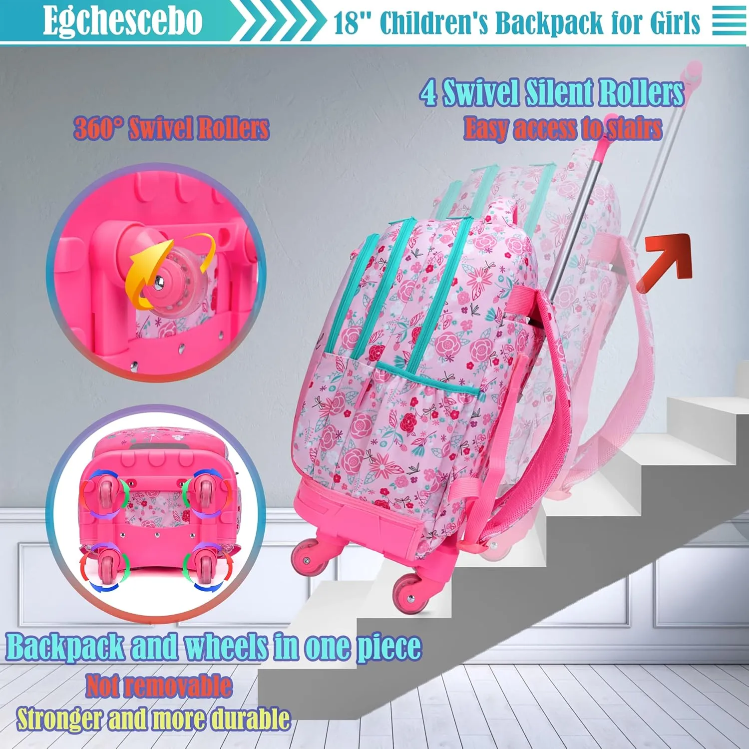 Egchescebo Kids Rolling Backpack for Girls Doughnuts Suitcases Trolley Roller Luggage Backpacks with 360° Rotating Wheels 15" Laptop Lunch Box Pencil Case for Elementary 18" Travel School Bag Pink