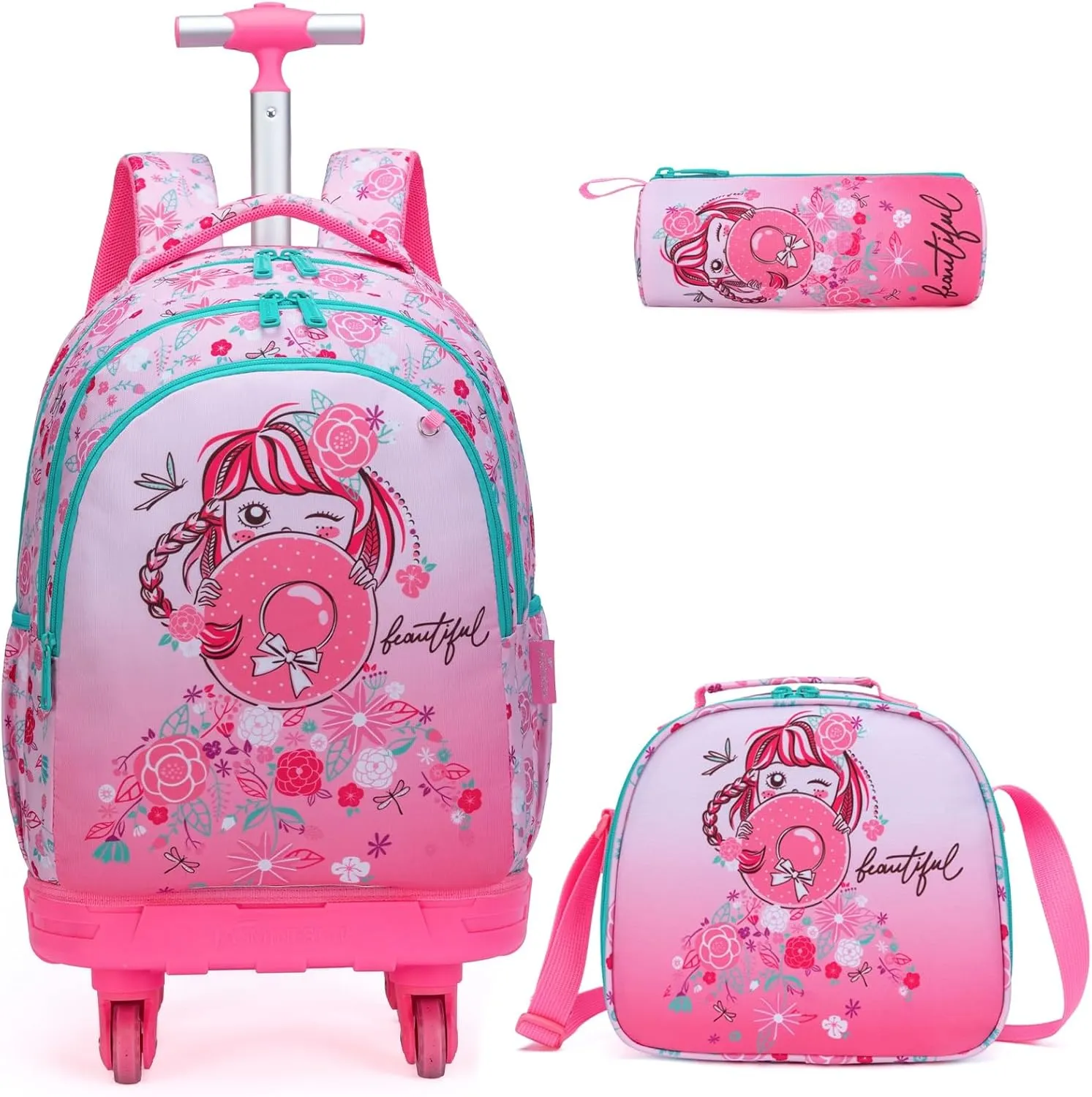 Egchescebo Kids Rolling Backpack for Girls Doughnuts Suitcases Trolley Roller Luggage Backpacks with 360° Rotating Wheels 15" Laptop Lunch Box Pencil Case for Elementary 18" Travel School Bag Pink