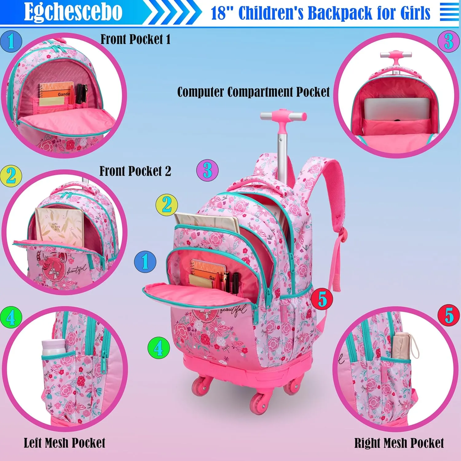 Egchescebo Kids Rolling Backpack for Girls Doughnuts Suitcases Trolley Roller Luggage Backpacks with 360° Rotating Wheels 15" Laptop Lunch Box Pencil Case for Elementary 18" Travel School Bag Pink