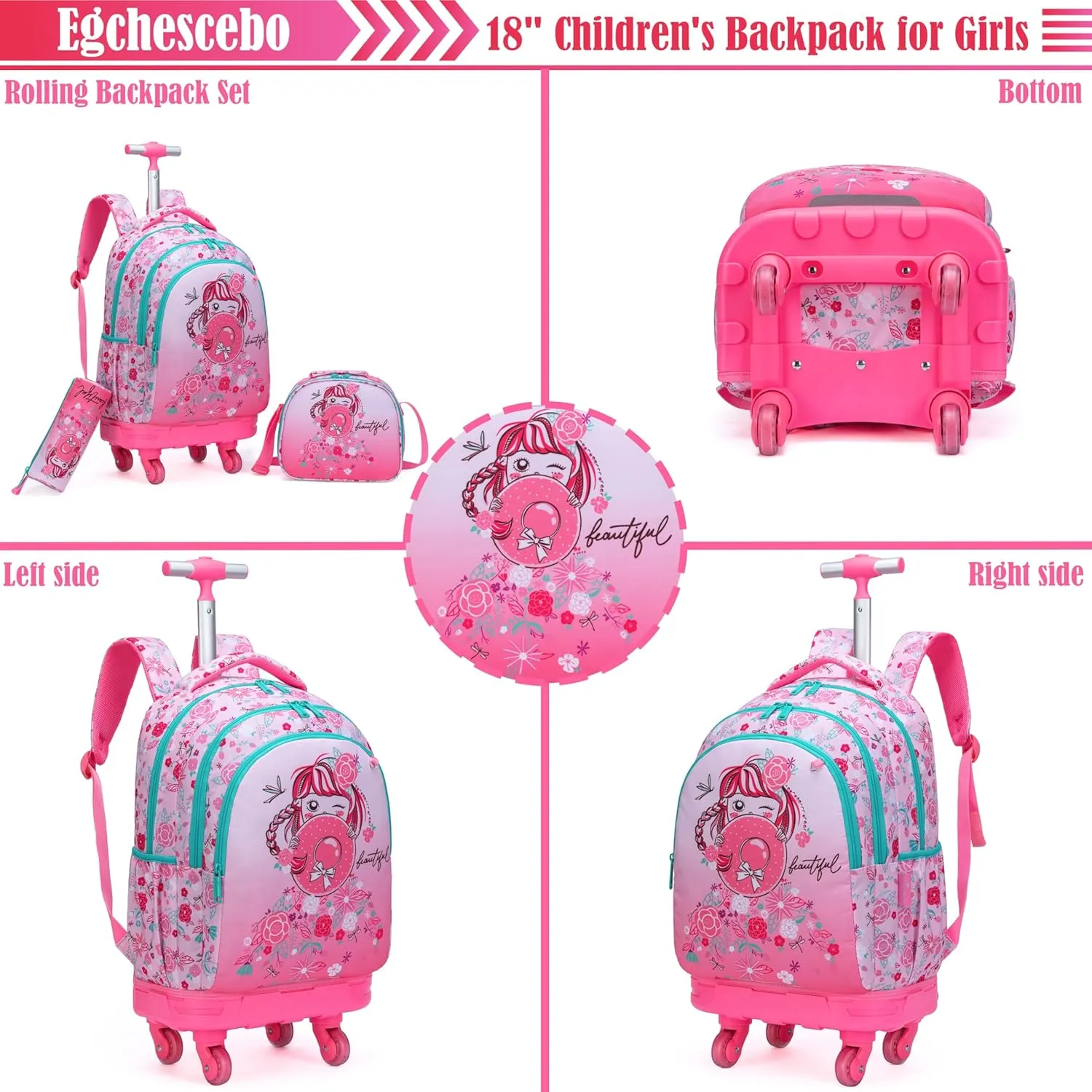 Egchescebo Kids Rolling Backpack for Girls Doughnuts Suitcases Trolley Roller Luggage Backpacks with 360° Rotating Wheels 15" Laptop Lunch Box Pencil Case for Elementary 18" Travel School Bag Pink