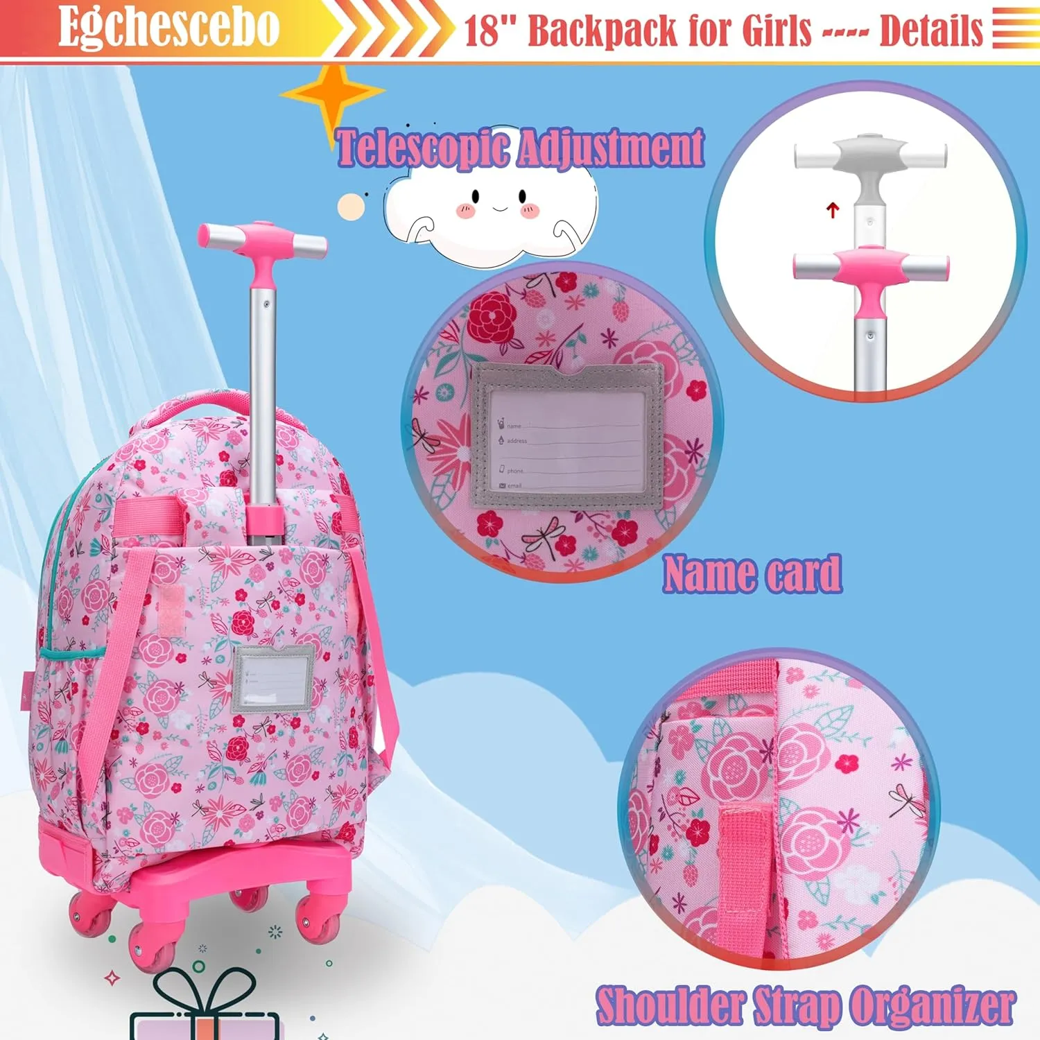Egchescebo Kids Rolling Backpack for Girls Doughnuts Suitcases Trolley Roller Luggage Backpacks with 360° Rotating Wheels 15" Laptop Lunch Box Pencil Case for Elementary 18" Travel School Bag Pink