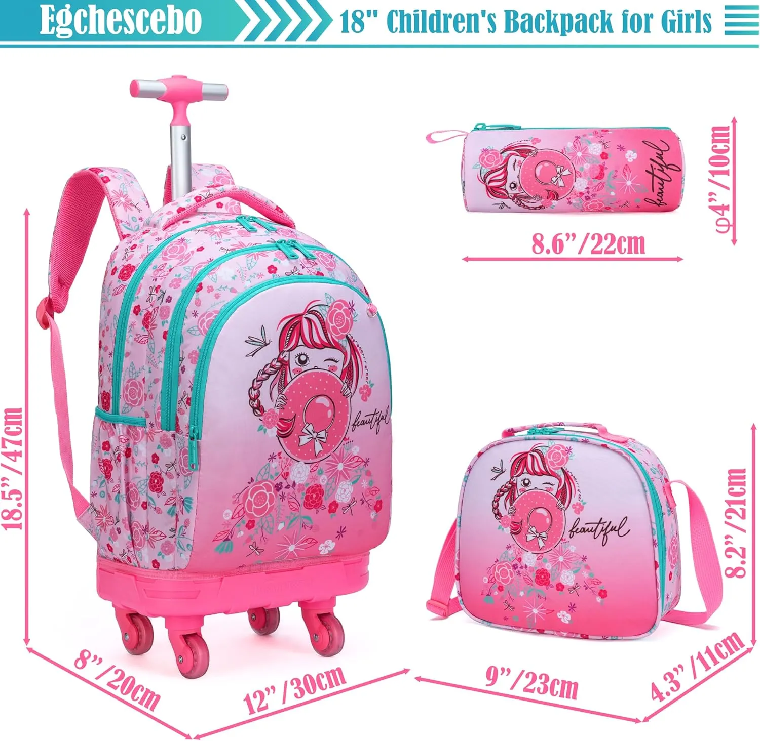 Egchescebo Kids Rolling Backpack for Girls Doughnuts Suitcases Trolley Roller Luggage Backpacks with 360° Rotating Wheels 15" Laptop Lunch Box Pencil Case for Elementary 18" Travel School Bag Pink