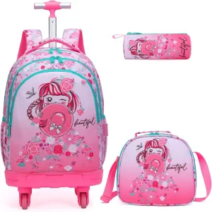 Egchescebo Kids Rolling Backpack for Girls Doughnuts Suitcases Trolley Roller Luggage Backpacks with 360° Rotating Wheels 15" Laptop Lunch Box Pencil Case for Elementary 18" Travel School Bag Pink