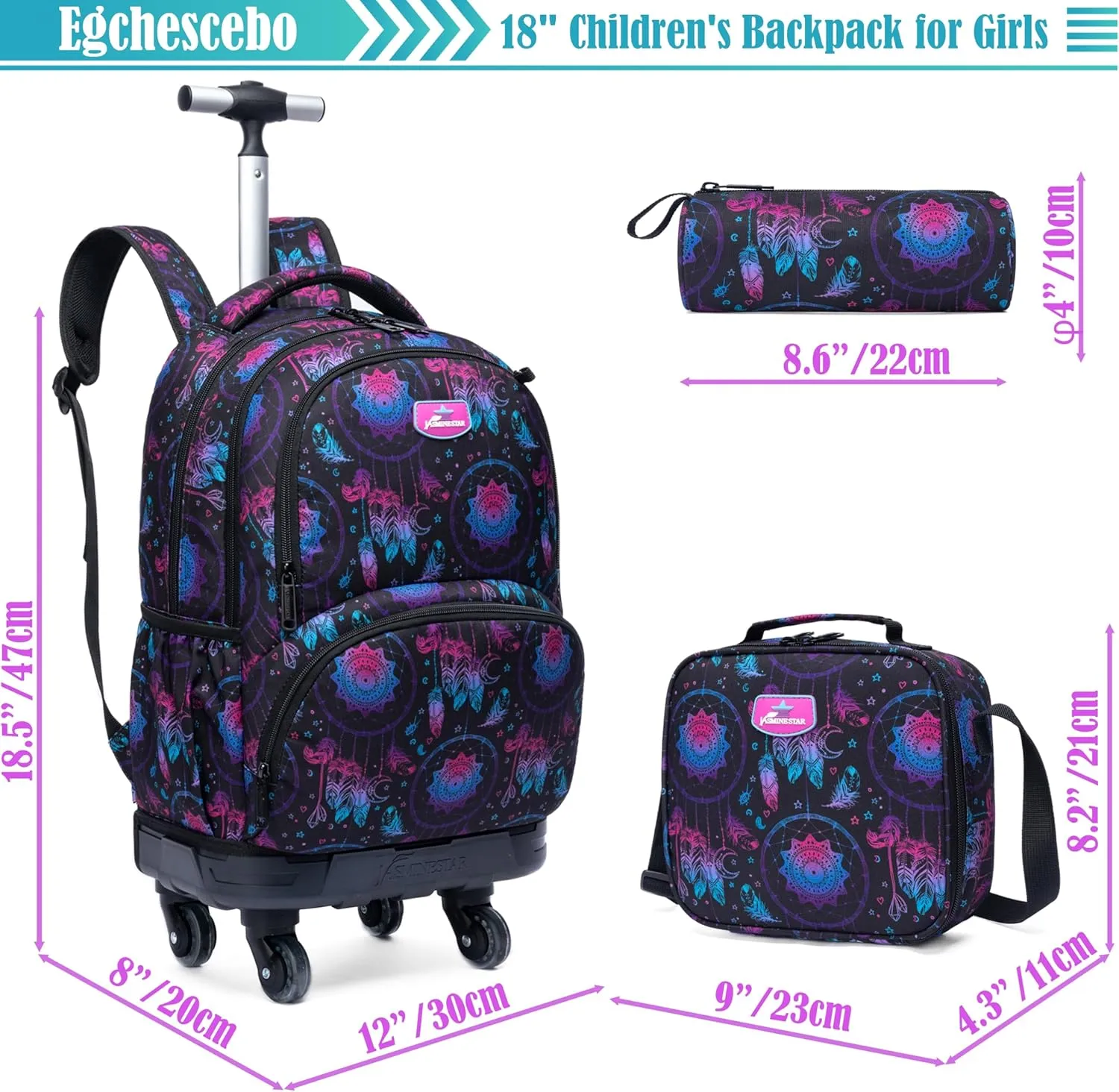 Egchescebo Kids Rolling Backpack for Girls Geometric Suitcases Trolley Roller Luggage Backpacks with 360° Rotating Wheels 15" Laptop Lunch Box Pencil Case for Elementary 18" Travel School Bag Purple