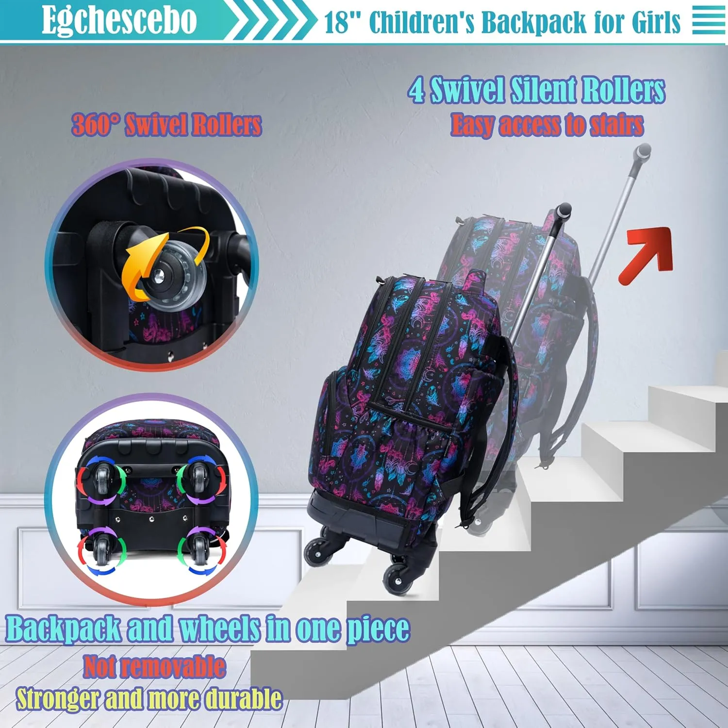 Egchescebo Kids Rolling Backpack for Girls Geometric Suitcases Trolley Roller Luggage Backpacks with 360° Rotating Wheels 15" Laptop Lunch Box Pencil Case for Elementary 18" Travel School Bag Purple