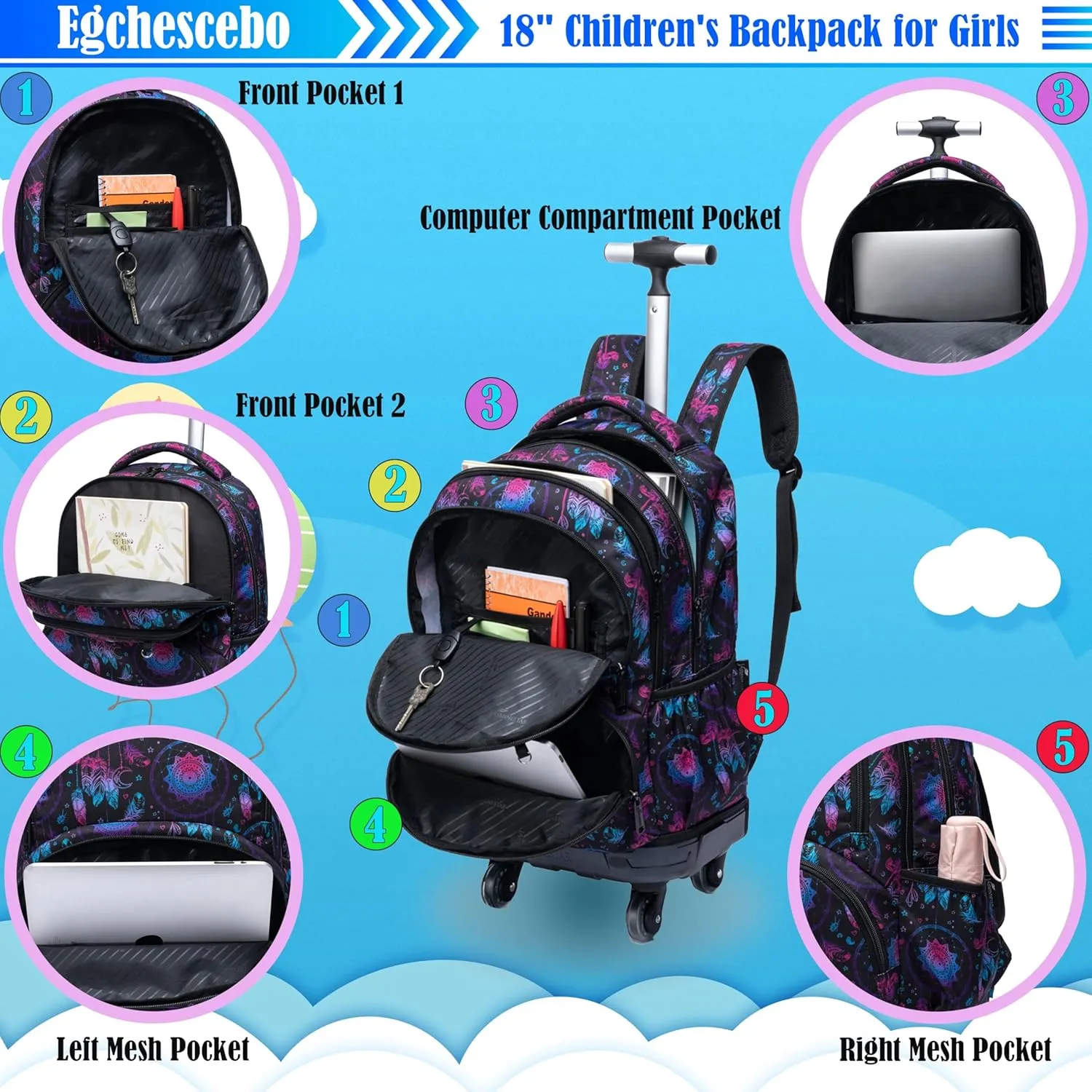 Egchescebo Kids Rolling Backpack for Girls Geometric Suitcases Trolley Roller Luggage Backpacks with 360° Rotating Wheels 15" Laptop Lunch Box Pencil Case for Elementary 18" Travel School Bag Purple
