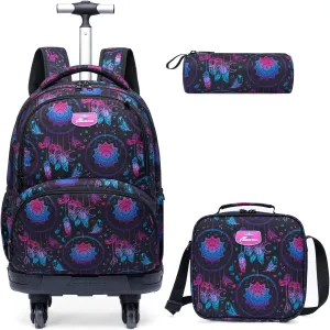 Egchescebo Kids Rolling Backpack for Girls Geometric Suitcases Trolley Roller Luggage Backpacks with 360° Rotating Wheels 15" Laptop Lunch Box Pencil Case for Elementary 18" Travel School Bag Purple