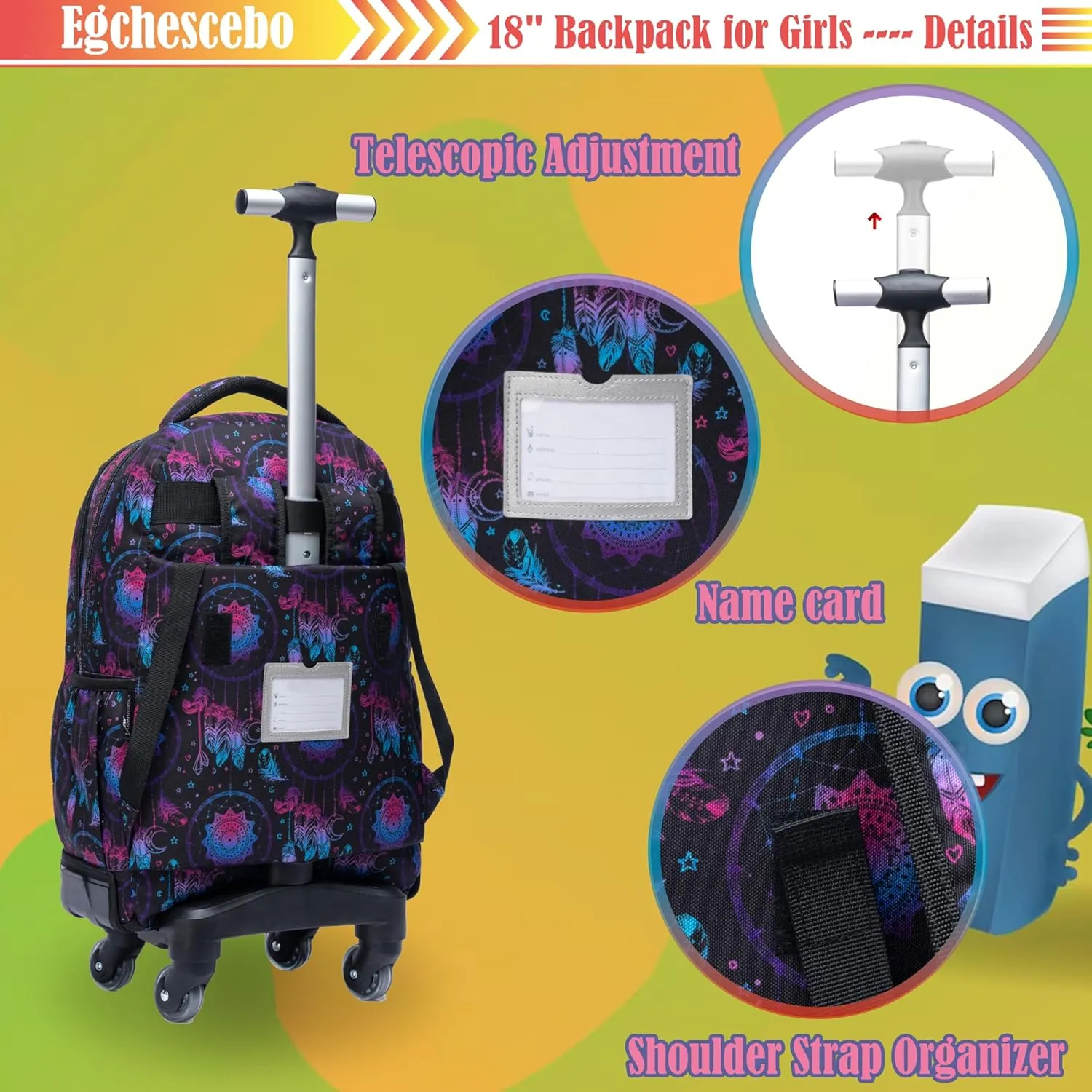 Egchescebo Kids Rolling Backpack for Girls Geometric Suitcases Trolley Roller Luggage Backpacks with 360° Rotating Wheels 15" Laptop Lunch Box Pencil Case for Elementary 18" Travel School Bag Purple