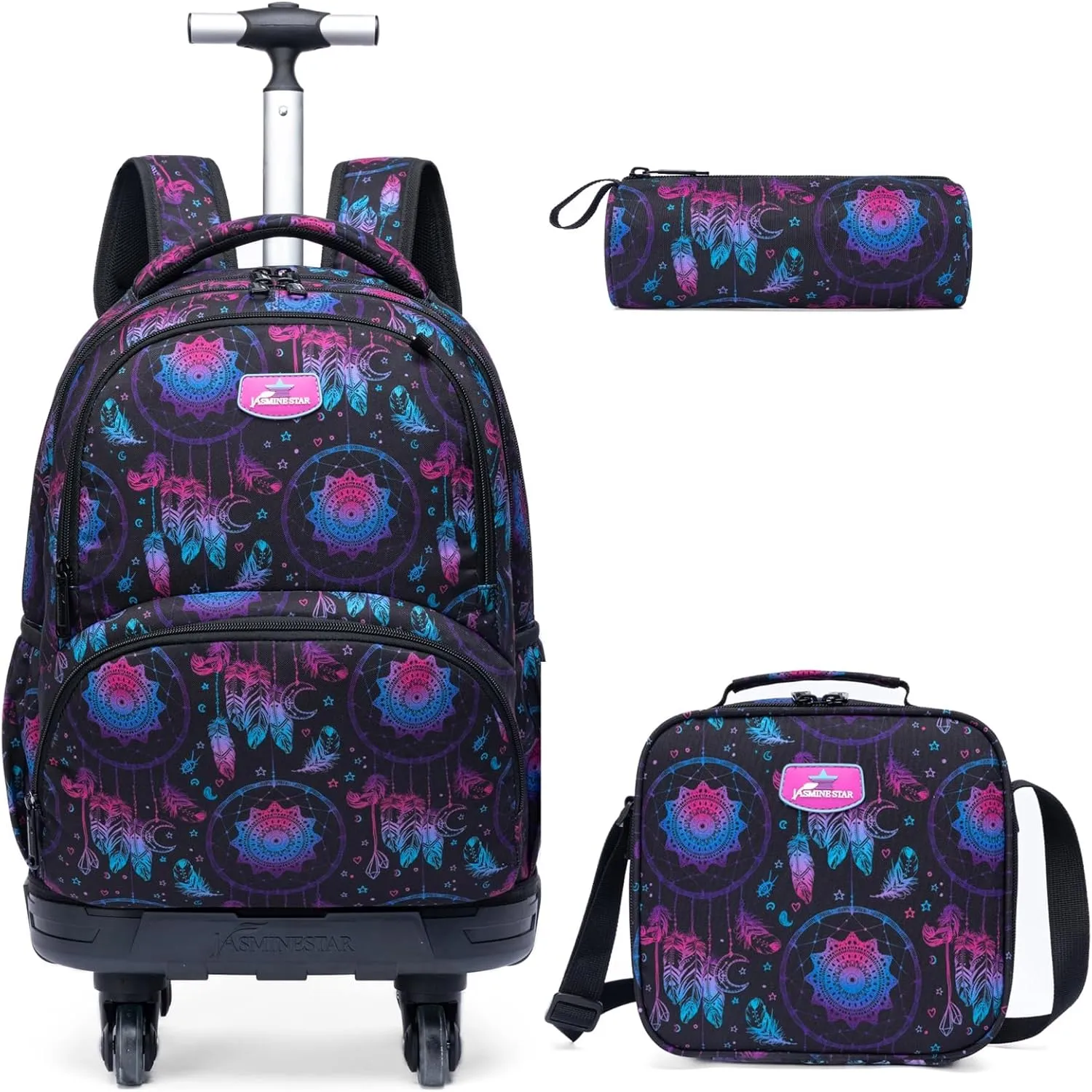 Egchescebo Kids Rolling Backpack for Girls Geometric Suitcases Trolley Roller Luggage Backpacks with 360° Rotating Wheels 15" Laptop Lunch Box Pencil Case for Elementary 18" Travel School Bag Purple