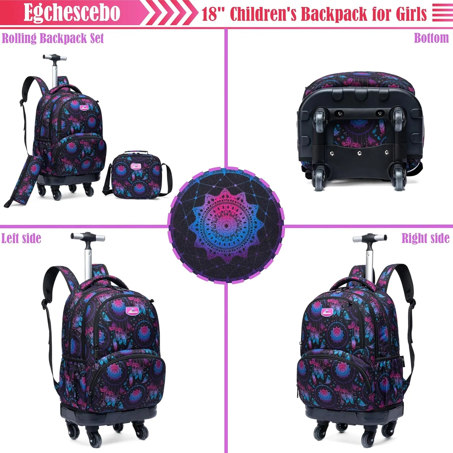 Egchescebo Kids Rolling Backpack for Girls Geometric Suitcases Trolley Roller Luggage Backpacks with 360° Rotating Wheels 15" Laptop Lunch Box Pencil Case for Elementary 18" Travel School Bag Purple