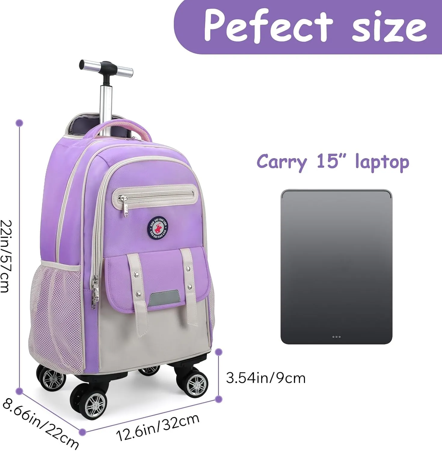 Egchescebo Kids Rolling Backpack for Girls Suitcases Trolley Roller Luggage Backpacks with Rotating Wheels Laptop for Elementary 18” Travel School Bag Mochila Ruedas Para Niños Purple