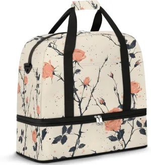 Elegant Flora Colorful Print Travel Duffle Bag, Collapsible Travel Bag Sports Gym Bag With Shoes Compartment Weekender Bag Overnight Bag For Women Men