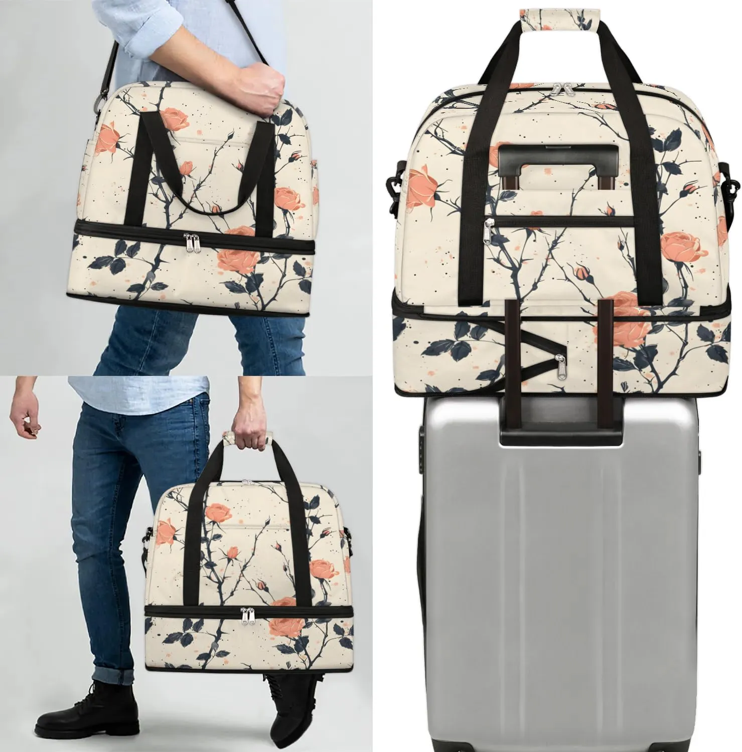 Elegant Flora Colorful Print Travel Duffle Bag, Collapsible Travel Bag Sports Gym Bag With Shoes Compartment Weekender Bag Overnight Bag For Women Men