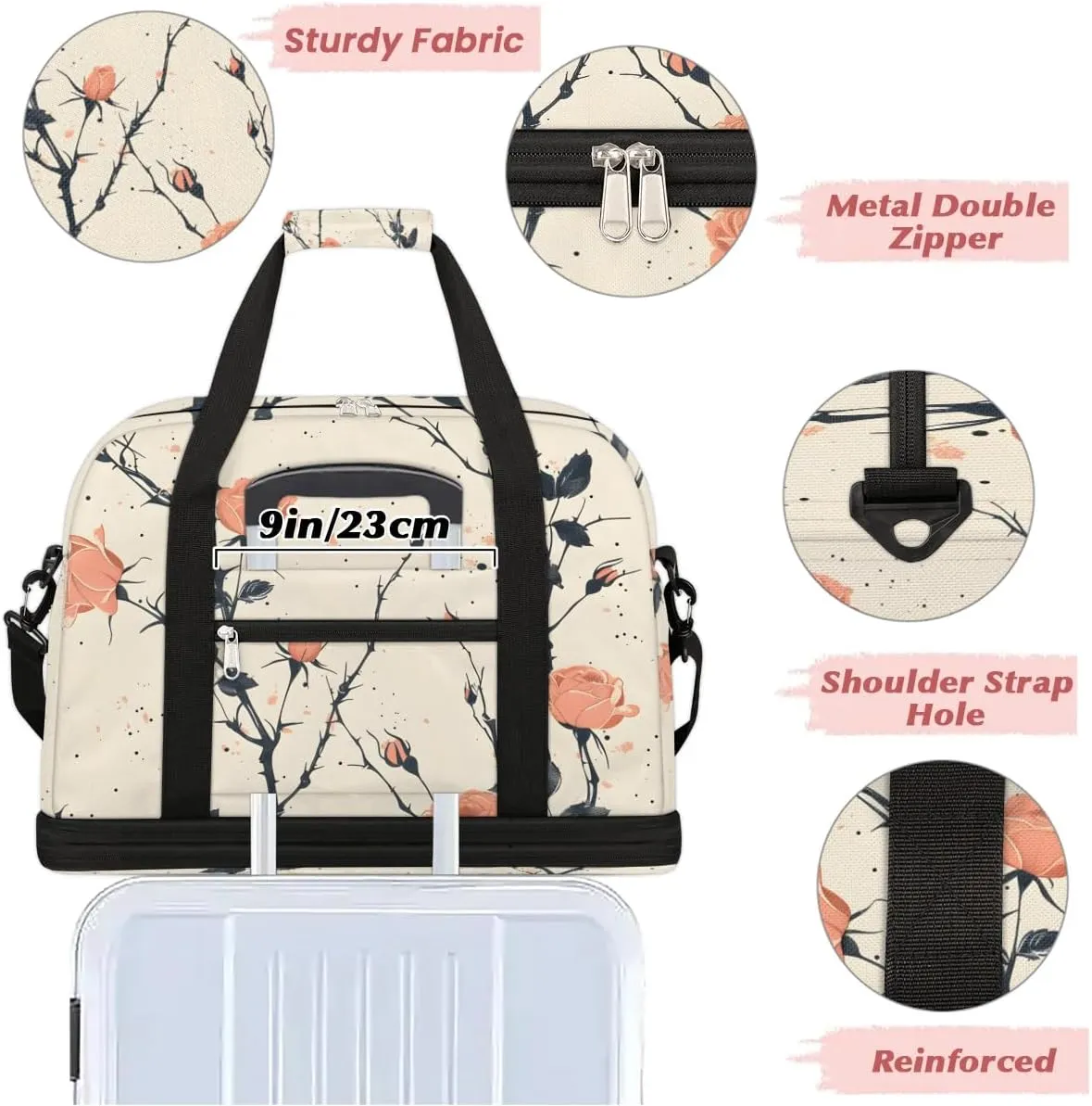 Elegant Flora Colorful Print Travel Duffle Bag, Collapsible Travel Bag Sports Gym Bag With Shoes Compartment Weekender Bag Overnight Bag For Women Men