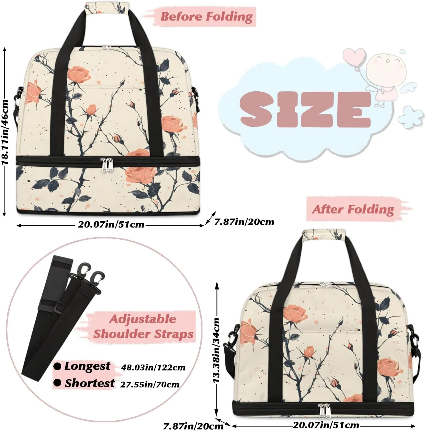Elegant Flora Colorful Print Travel Duffle Bag, Collapsible Travel Bag Sports Gym Bag With Shoes Compartment Weekender Bag Overnight Bag For Women Men