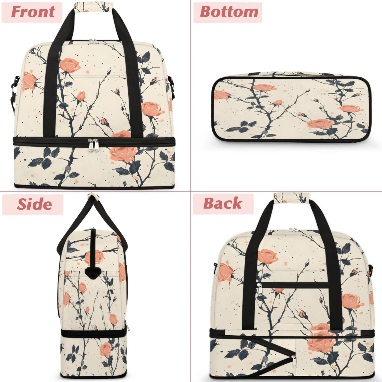 Elegant Flora Colorful Print Travel Duffle Bag, Collapsible Travel Bag Sports Gym Bag With Shoes Compartment Weekender Bag Overnight Bag For Women Men
