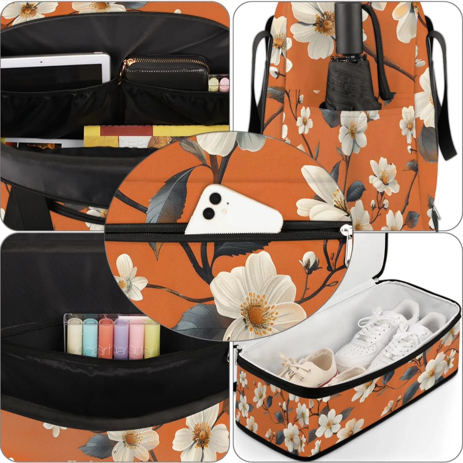 Elegant Flora Print Travel Duffle Bag, Collapsible Travel Bag Sports Gym Bag With Shoes Compartment Weekender Bag Overnight Bag For Women Men