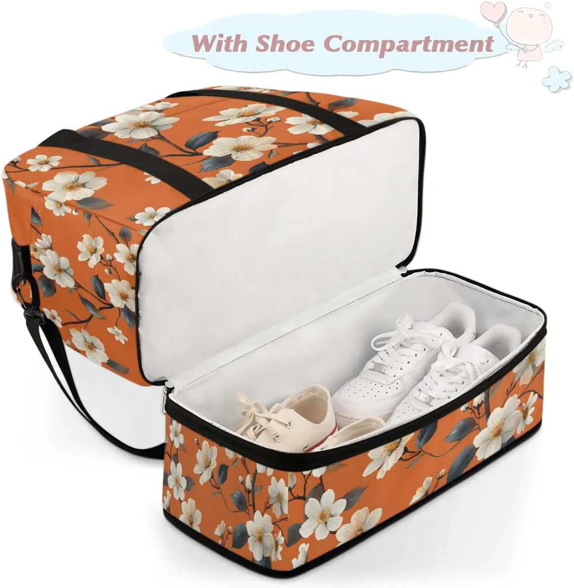 Elegant Flora Print Travel Duffle Bag, Collapsible Travel Bag Sports Gym Bag With Shoes Compartment Weekender Bag Overnight Bag For Women Men
