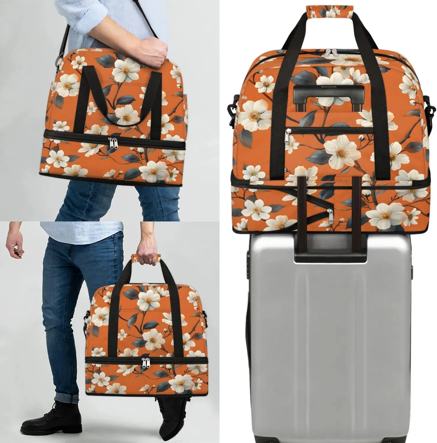 Elegant Flora Print Travel Duffle Bag, Collapsible Travel Bag Sports Gym Bag With Shoes Compartment Weekender Bag Overnight Bag For Women Men