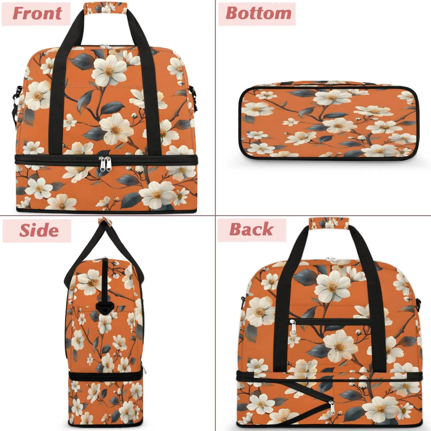 Elegant Flora Print Travel Duffle Bag, Collapsible Travel Bag Sports Gym Bag With Shoes Compartment Weekender Bag Overnight Bag For Women Men