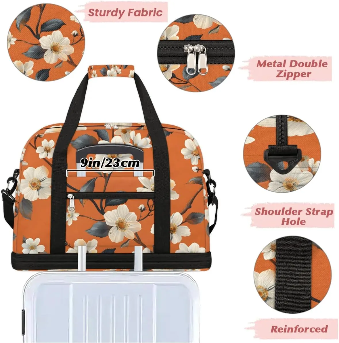 Elegant Flora Print Travel Duffle Bag, Collapsible Travel Bag Sports Gym Bag With Shoes Compartment Weekender Bag Overnight Bag For Women Men