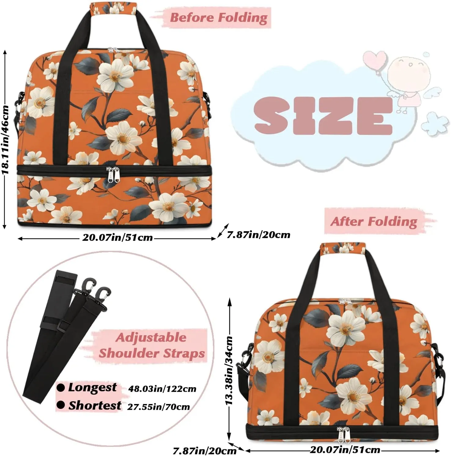 Elegant Flora Print Travel Duffle Bag, Collapsible Travel Bag Sports Gym Bag With Shoes Compartment Weekender Bag Overnight Bag For Women Men
