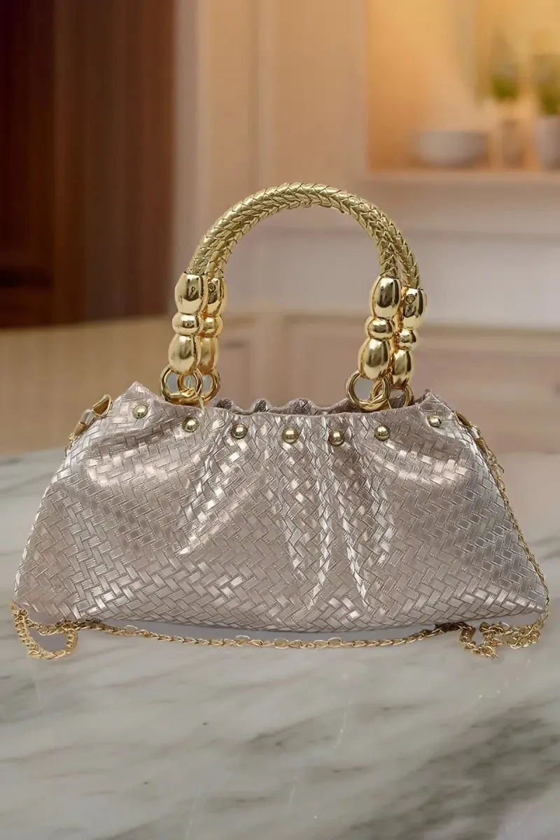 Elegant Gold Tone Hand-Held & Sling Bag - Peach