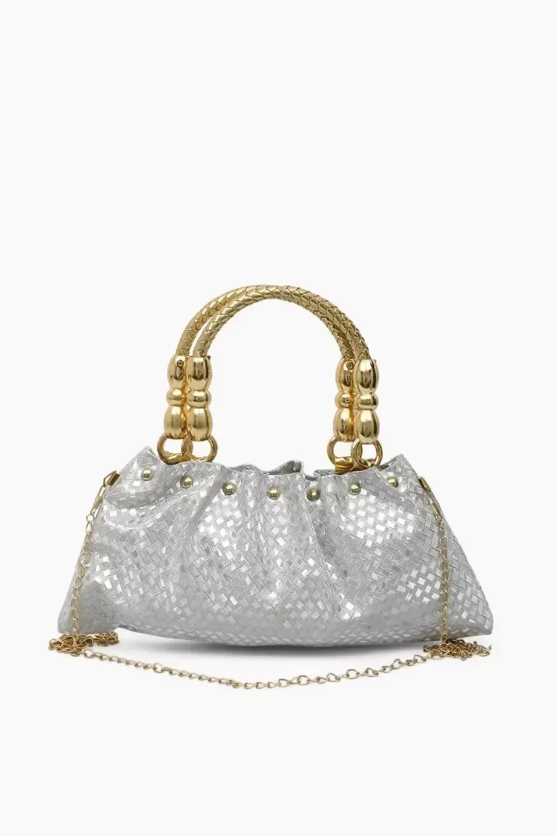 Elegant Gold Tone Hand-Held & Sling Bag - Silver
