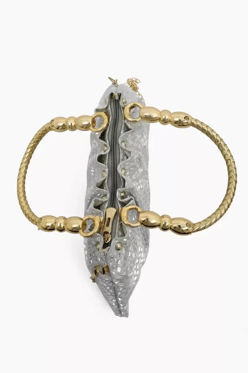 Elegant Gold Tone Hand-Held & Sling Bag - Silver