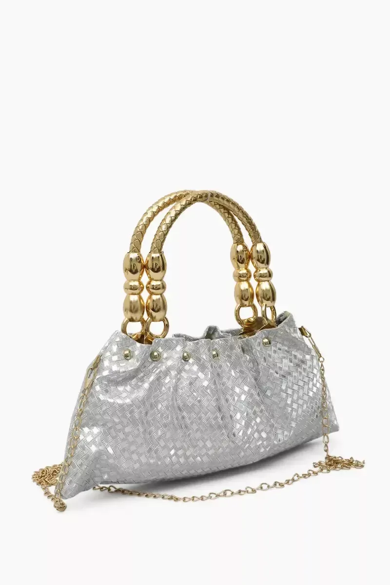 Elegant Gold Tone Hand-Held & Sling Bag - Silver