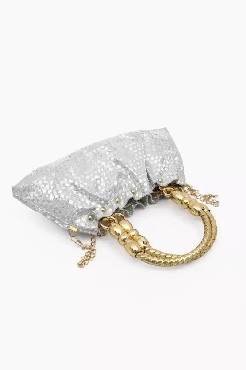Elegant Gold Tone Hand-Held & Sling Bag - Silver
