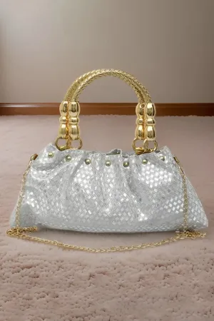 Elegant Gold Tone Hand-Held & Sling Bag - Silver