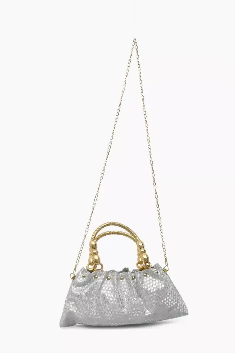 Elegant Gold Tone Hand-Held & Sling Bag - Silver