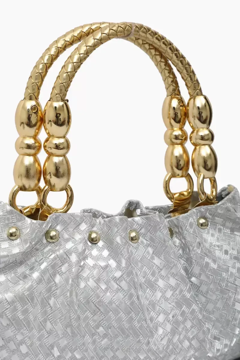 Elegant Gold Tone Hand-Held & Sling Bag - Silver