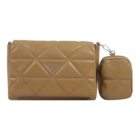 Elegant Quilted Sling Bag with Mini Pouch (Brown / Beige)